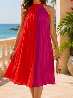 Material Girls Colorblock Pleated Halter Dress Red Pink Bow Back Size Large